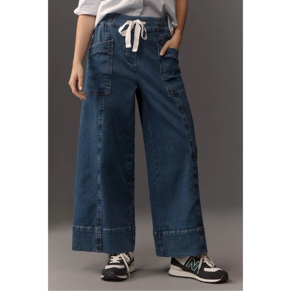 New Anthropologie Maeve Tie-Waist Wide-Leg Drawstring Jeans Dark Wash Blue XL
